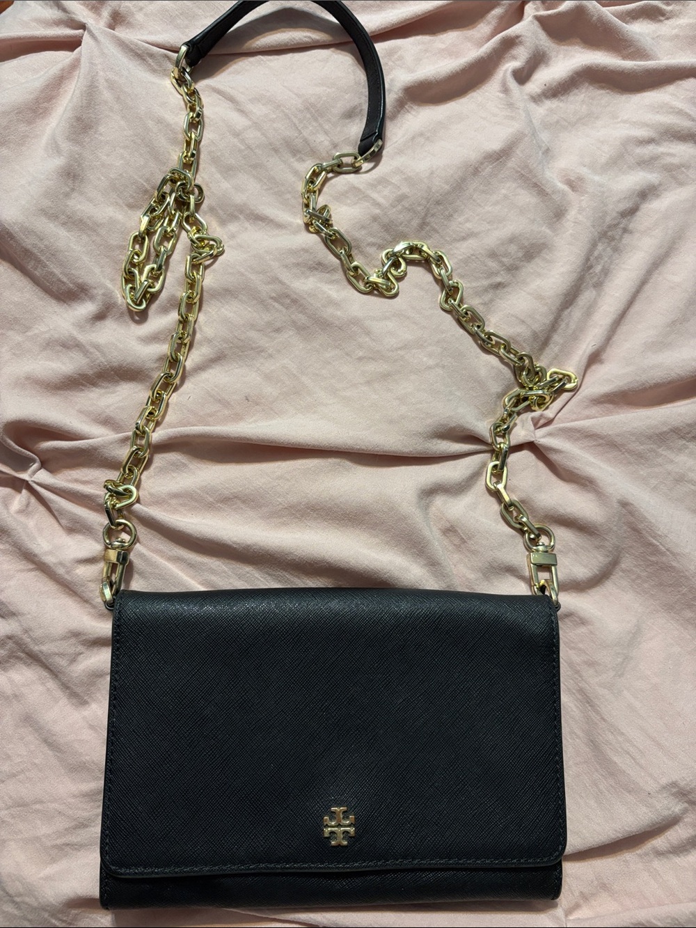 Tory Burch Black Leather Crossbody with Gold Chain Strap